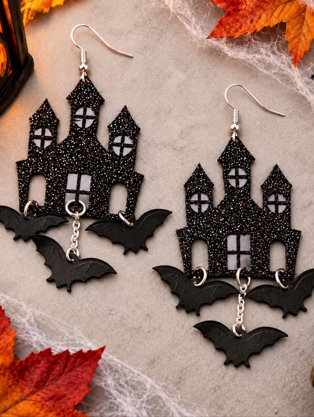 MODCLOTH FABRIC GLITTER HAUNTED HOUSE EARRINGS - Picture 2 of 4